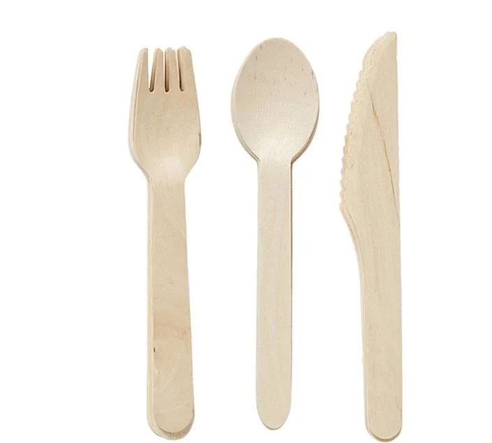 2021 Top Selling Europe Disposable Wooden Knife, Fork and Spoon 3PCS in 1 Set Wooden 16cm Western-Style Knife Natural Cake Spoon with Customized Logo